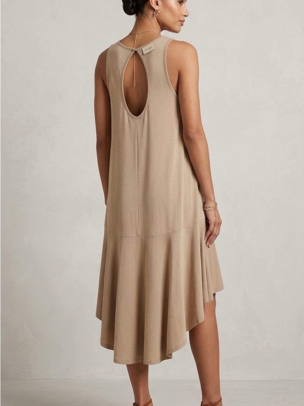 Espresso Tan Sleeveless High-Low Jersey Knit Tank Dress Large Beige Keyhole Back
